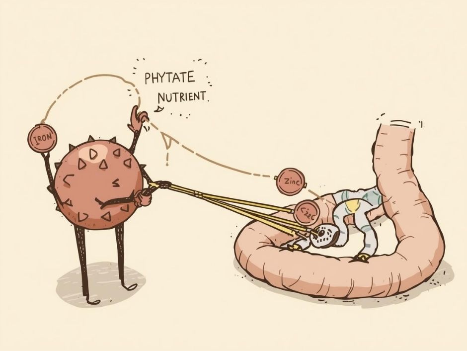 ภาพการ์ตูนแสดงสารต้านโภชนาการ (Phytate) ดึงดูดและขัดขวางการดูดซึมแร่ธาตุสำคัญ เช่น เหล็กและสังกะสี ในระบบทางเดินอาหาร