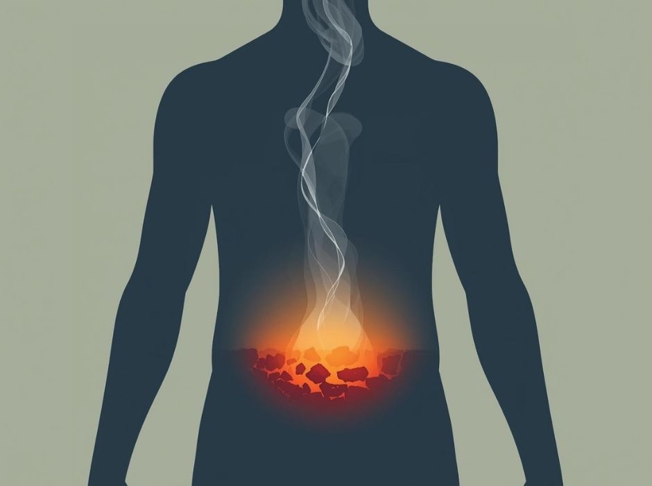 ภาพจำลองเงาคนที่มีแสงไฟคุกรุ่นอยู่ภายในช่องท้อง สื่อถึงภาวะการอักเสบเรื้อรังที่เกิดขึ้นอย่างเงียบเชียบในร่างกาย