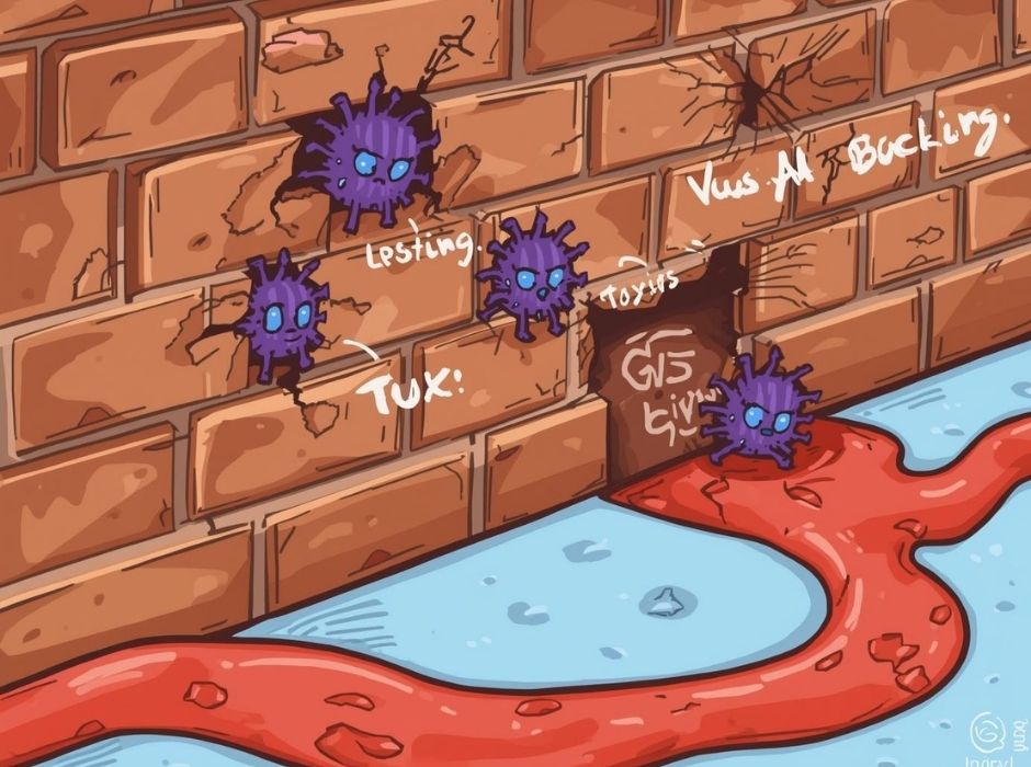 กราฟิกการ์ตูนแสดงผนังลำไส้ที่เป็นเหมือนกำแพงอิฐมีรอยรั่ว ทำให้สารพิษ LPS และเชื้อโรคหลุดรอดเข้าสู่กระแสเลือดได้