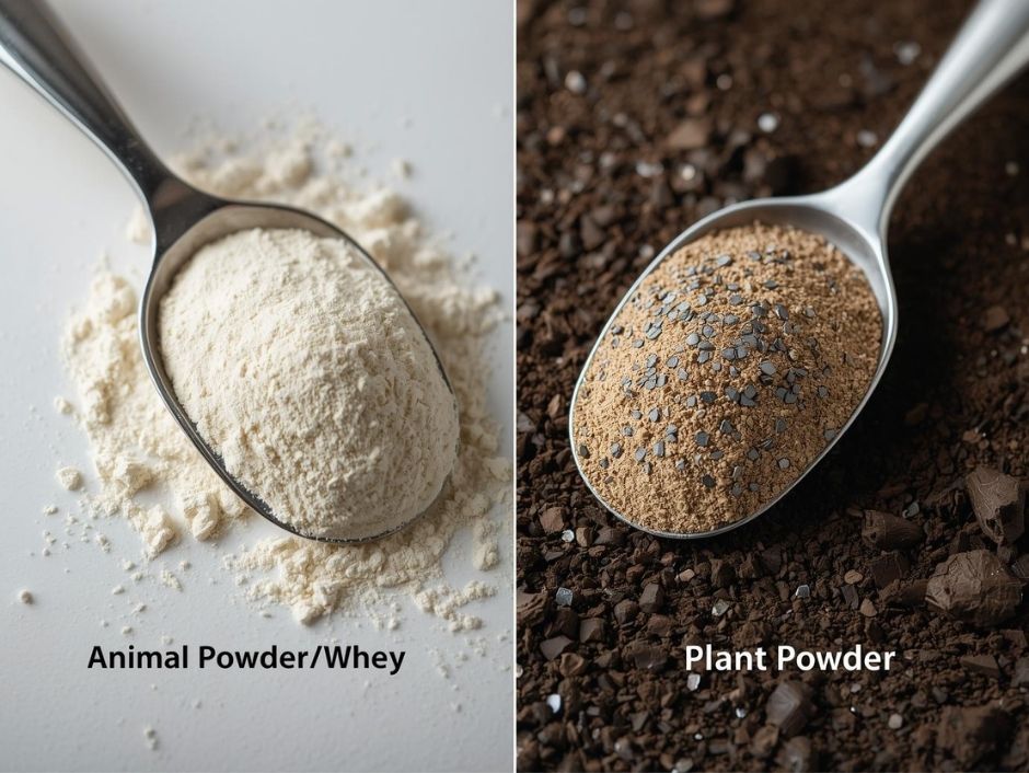 ภาพเปรียบเทียบผงโปรตีนจากสัตว์ที่ดูสะอาด กับผงโปรตีนจากพืชที่มีอนุภาคสีเข้ม (โลหะหนัก) ปะปนอยู่ ซึ่งเกิดจากการดูดซับจากดิน