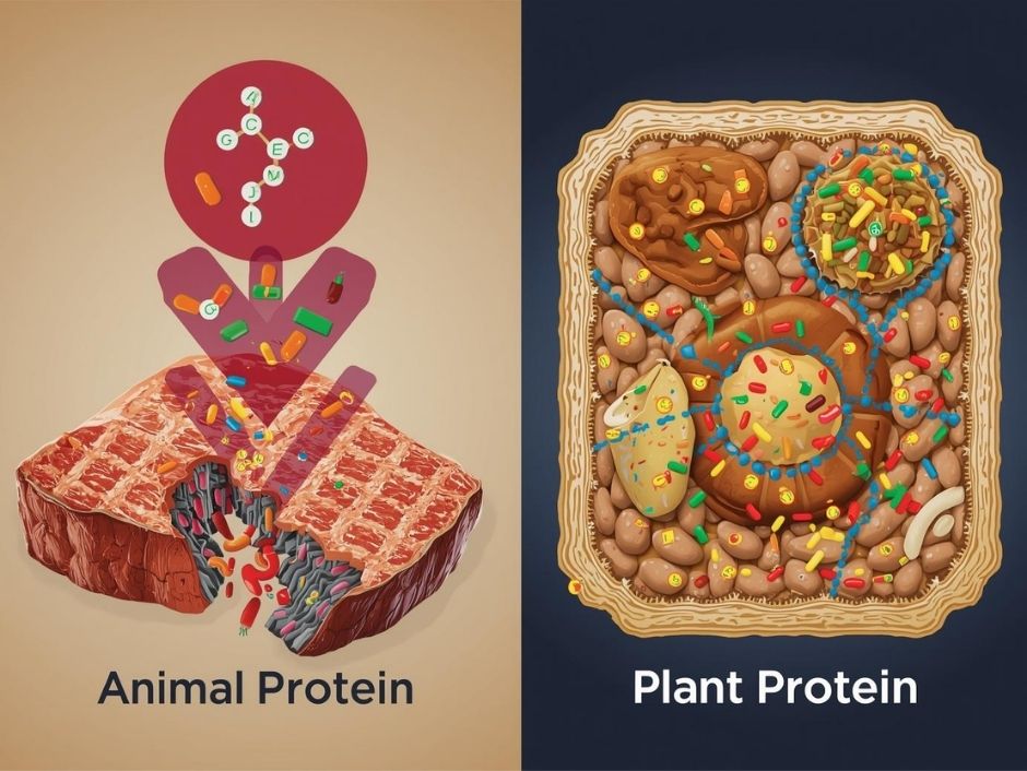 าพอธิบายการย่อยและการดูดซึมโปรตีนในลำไส้ โปรตีนสัตว์ (ซ้าย) ถูกย่อยง่ายและดูดซึมได้มากกว่า โปรตีนพืช (ขวา) ถูกขวางกั้นโดยผนังเซลล์ ทำให้ดูดซึมได้น้อยกว่า