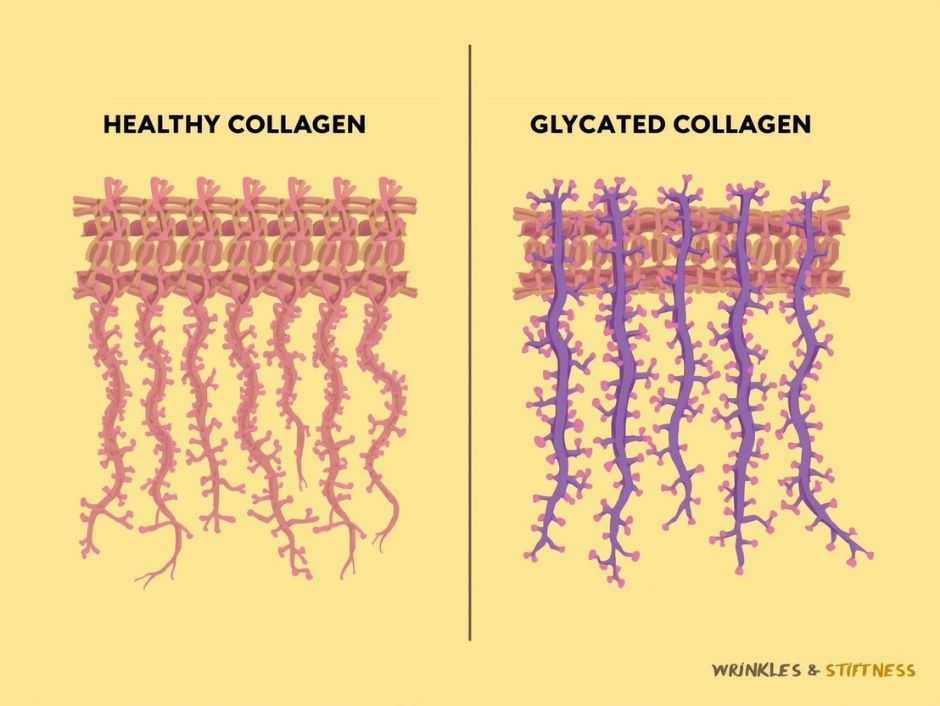 ภาพเปรียบเทียบซ้าย-ขวา ด้านซ้ายคือคอลลาเจนที่แข็งแรง ยืดหยุ่น ด้านขวาคือคอลลาเจนที่ถูกไกลเคชั่นจับจนแข็งและเปราะบาง ทำให้เกิดริ้วรอย