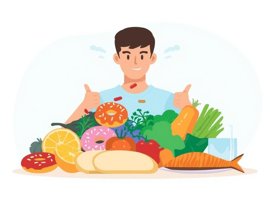 ภาพคนกำลังปฏิเสธอาหารน้ำตาลสูง (โดนัท, ขนมปังขาว) และเลือกอาหารสุขภาพ (ผัก, ปลา) สื่อถึงการเลือกกิน