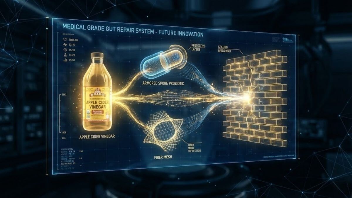 ภาพกราฟิกโฮโลแกรม 3 มิติ แสดงพิมพ์เขียว (Business Blueprint) ของนวัตกรรม Medical Grade ในการซ่อมแซมผนังลำไส้ (Gut Barrier) ด้วย Apple Cider Vinegar, สปอร์โปรไบโอติก และไฟเบอร์ตาข่าย เพื่อฟื้นฟู Health Asset ให้สมบูรณ์