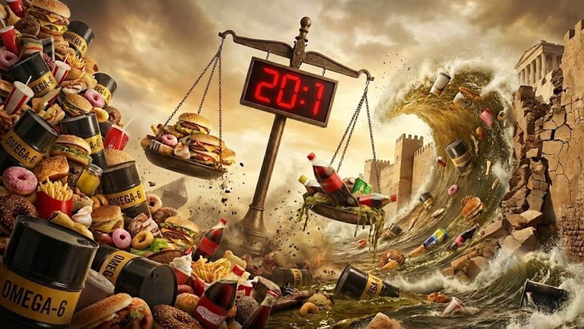 ภาพกราฟิกแสดงความไม่สมดุลของค่าสัดส่วน Omega-6 ต่อ Omega-3 ที่ระดับ 20:1 เปรียบเทียบคลื่นยักษ์ของอาหารแปรรูปและน้ำมันพืชอุตสาหกรรมที่กำลังโจมตีผนังลำไส้ (Gut Barrier) ซึ่งเป็นสาเหตุหลักของการอักเสบเรื้อรัง