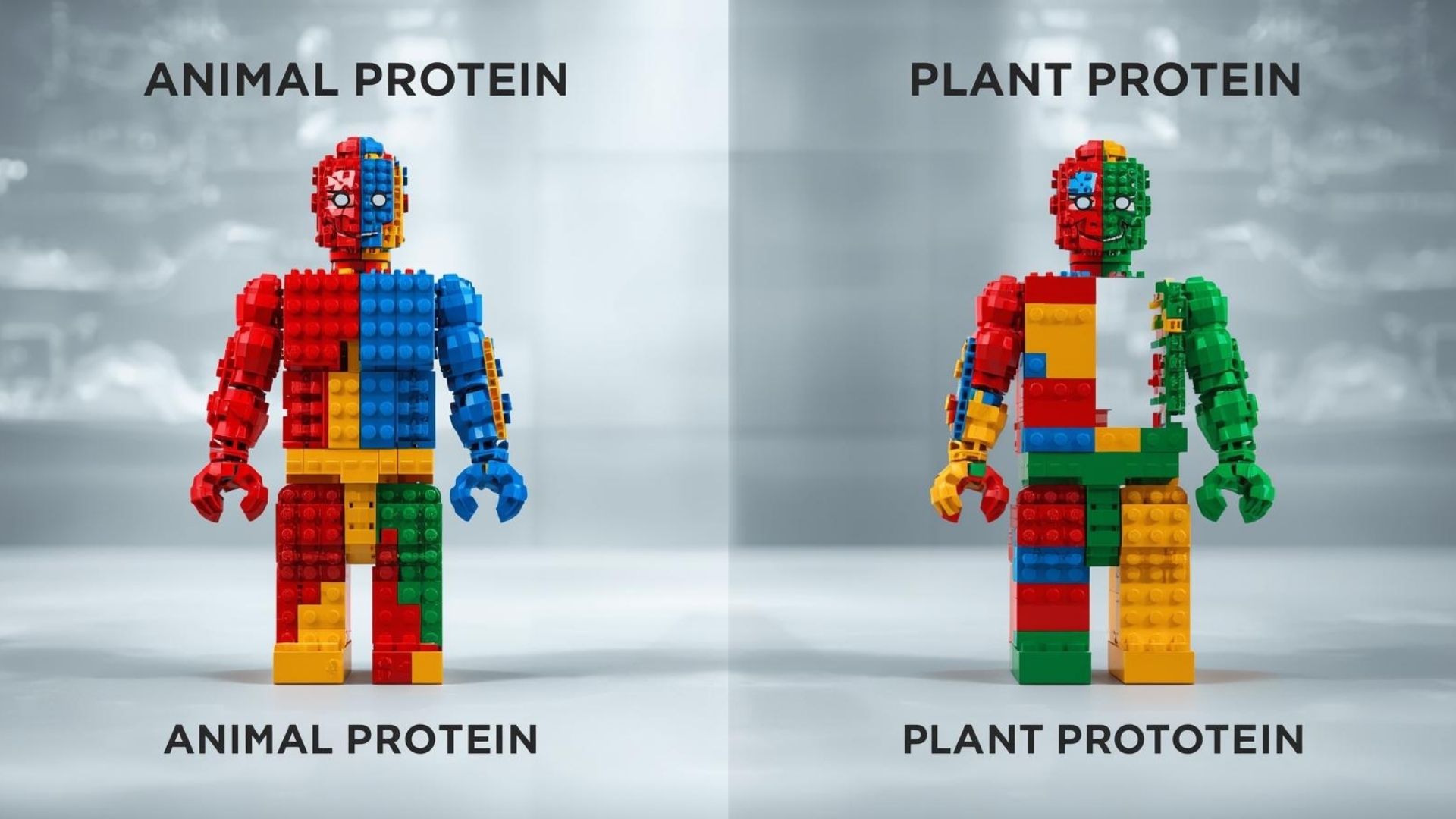 กราฟิกเปรียบเทียบชุดตัวต่อเลโก้ (กรดอะมิโน) โดยโปรตีนสัตว์แสดงชุดตัวต่อที่ครบถ้วนสมบูรณ์ (Complete) และโปรตีนพืชแสดงชุดตัวต่อที่ขาดหายไปบางชิ้น (Incomplete)