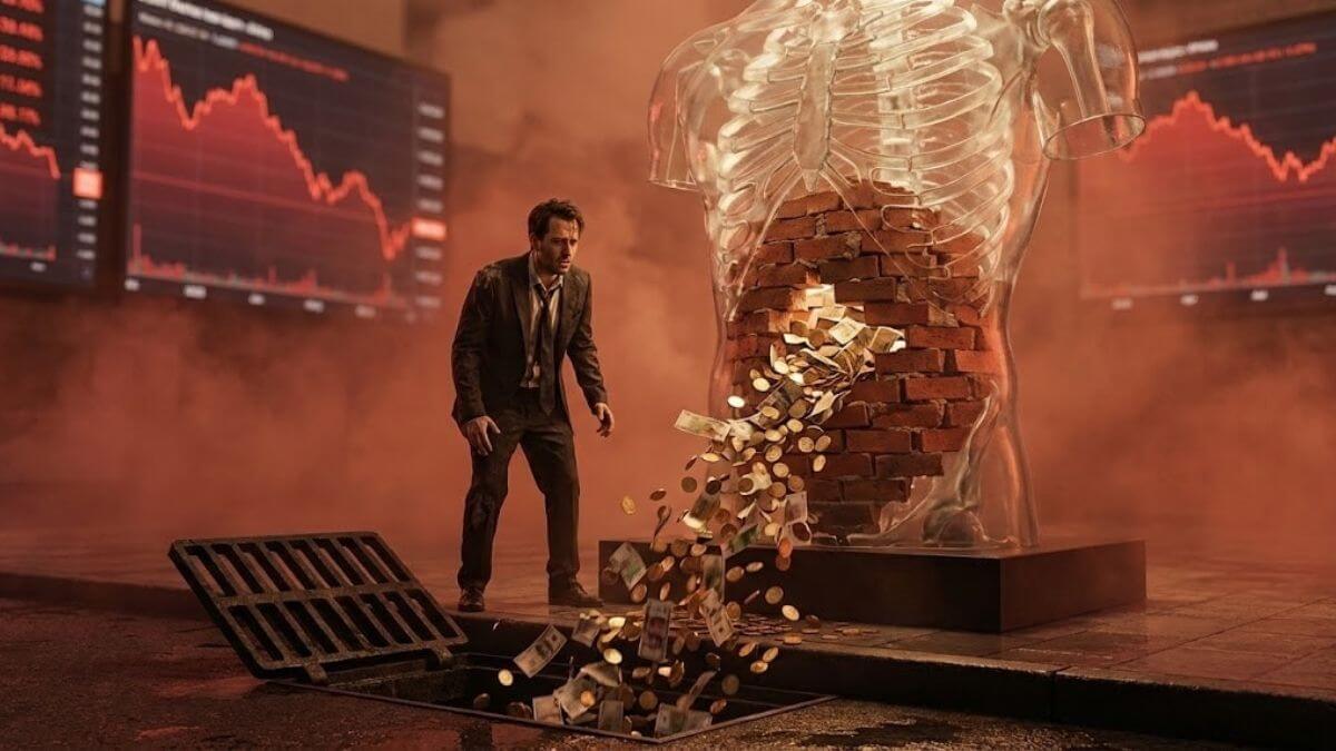 leaky-gut-financial-loss-health-asset-investment ภาพกราฟิกเปรียบเทียบภาวะลำไส้รั่ว (Leaky Gut) เป็นต้นทุนแฝงทางธุรกิจ: นักธุรกิจยืนมองเงินร่วงหล่นจากร่างกายที่เปรียบเสมือนกำแพงพังทลาย ท่ามกลางกราฟหุ้นสีแดง สื่อถึงความเสี่ยงในการสูญเสีย Health Asset