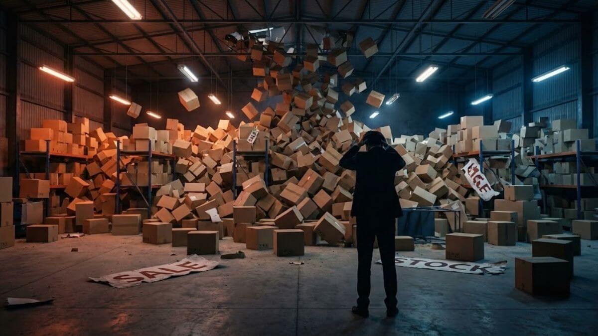 ภาพกราฟิกแสดงวิกฤตการณ์จุดจบของแม่ค้าออนไลน์และโมเดลสต็อกสินค้าที่ล้าสมัยในปี 2025